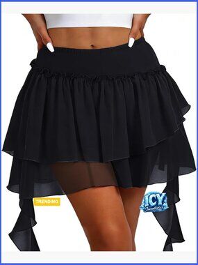 Chiffon Mini Skirt with Built-in Shorts, Layered Ruffles, High Waist